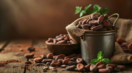 Rustic cocoa theme with beans, leaves, powder on a wooden table, and vintage feel
