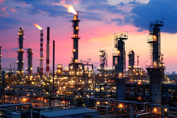 Fototapeta premium Aerial view oil and gas petrochemical industrial factory.