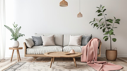 Modern Minimalist Living Room with Gray Sofa, Pink Blanket, Wooden Coffee Table, Carpet, Pendant Lamp, and Plants, White Background, Scandinavian Design, High-Resolution Detail for Product Display or 