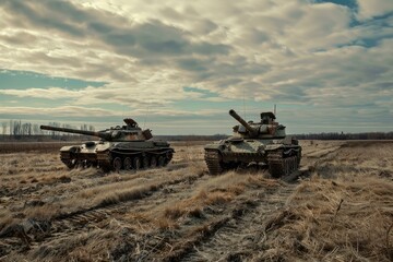Two old military tanks abandoned in a dry field with a dramatic sunset sky backdrop