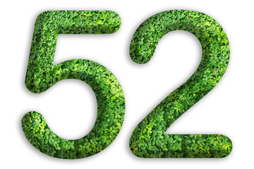 3d of the number of 52 is made from green grass on white background, go green concept