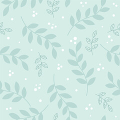 Soft simple pastel green leaves and white berries on a light blue background. Seamless repeated surface vector pattern design.
