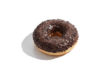 Chocolate frosted donut with sprinkles isolated on a white background