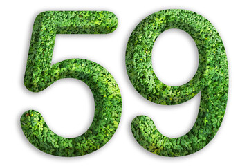 3d of the number of 59 is made from green grass on white background, go green concept