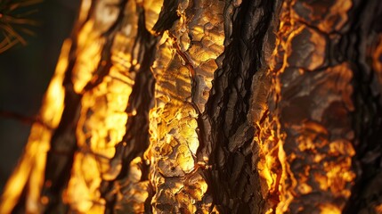 Close up image of sunlit spruce tree bark