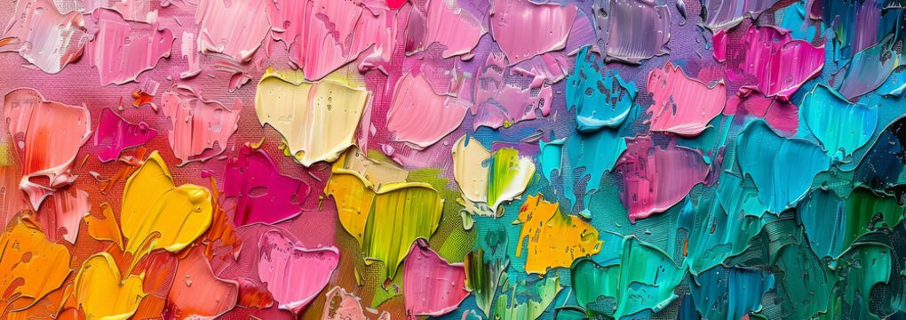 Pintura abstracta formada por formas geom&eacute;tricas de trazos gruesos con forma de corazones en colores vivos