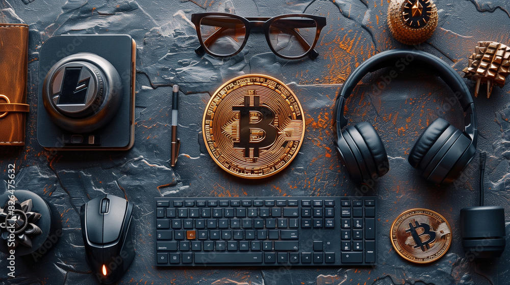 Poster flay lay of bitcoin and relate item on table