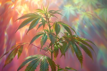 Colorful Cannabis Plant with Vibrant Lighting for Botanical Design and Artistic Backgrounds