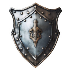 Medieval steel shield with decorative emblem transparent background
