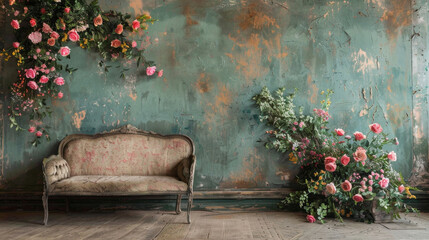 A room with a couch and a wall with flowers
