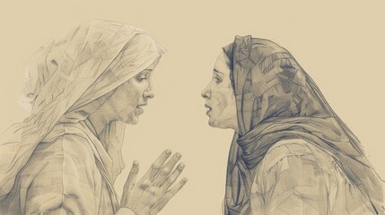 Visitation of Mary to Elizabeth, Both Pregnant, Baby Leaping in Elizabeth's Womb, Biblical Illustration, Beige Background, Copyspace
