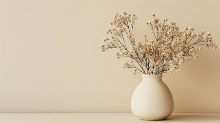 A white vase with flowers in it sits on a table