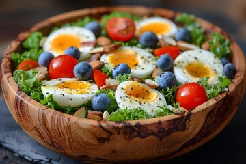 Fresh Summer Salad with Boiled Eggs, Tomatoes, Blueberries, Nuts in Wooden Bowl - Perfect for Healthy Eating, Dining, and Meal Preparation