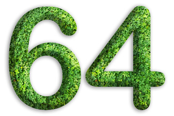 3d of the number of 64 is made from green grass on white background, go green concept