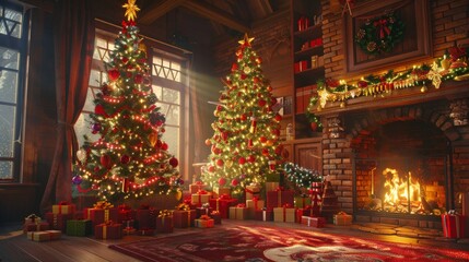 Fototapeta premium Christmas Morning: Depict a joyful Christmas morning with a family opening presents under a decorated tree, cozy fireplace, and festive decorations, highlighting happiness and holiday traditions.