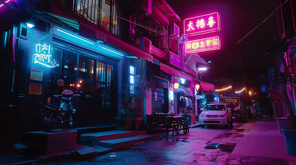 A street in Hong Kong at night. The street is lit up by colorful neon lights and there are people walking on the street.