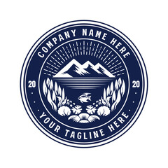 Sunset Mountain Beach Ocean Sea Reef Snail and Fish Badge Emblem Label for Aquarium Illustration