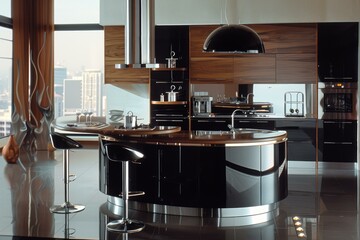 Contemporary highend kitchen design with sleek surfaces and urban backdrop