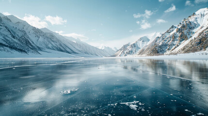 Fototapeta premium Mountain ridge and ice on the frozen lake surface