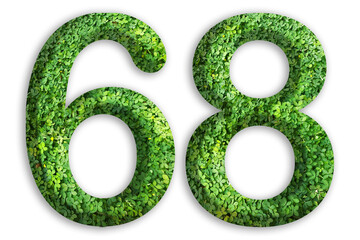 3d of the number of 68 is made from green grass on white background, go green concept