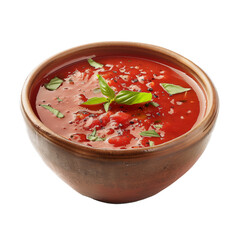 Tomato soup in a bowl isolated on transparent background, cut out.