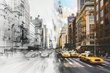 Divided cityscape: photorealism on the right blends seamlessly into a textured, hand-drawn sketch on the left, showcasing the city's vibrant energy.