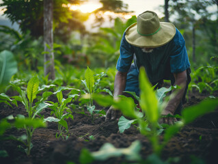 Farmer tending to young plants in a lush, green field with the warm glow of the rising sun creating a serene and productive agricultural scene, ideal for promoting sustainable farming.