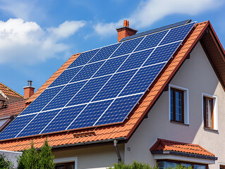 Modern house with rooftop solar panels under a clear blue sky, showcasing sustainable energy solutions and eco-friendly living for a greener future. Perfect for energy efficiency enthusiasts.