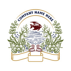 Vintage Retro Ocean Sea Reef Snail and Fish Badge Emblem Label for Aquarium Illustration