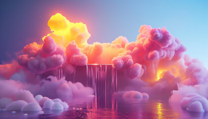 Surreal vibrant cloudscape with waterfalls cascading in a dreamy, colorful sky during sunset. Perfect for fantasy and nature-themed designs.