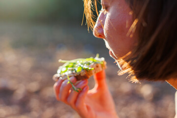 food on a hike. Happy young girl eating a sandwich on a sunny summer day.  sandwich in the hands of...