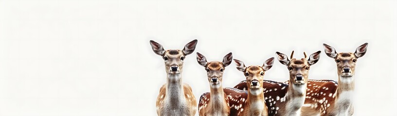 Whitetailed deer, sika deers and roedeer standing side by side on a white background, 