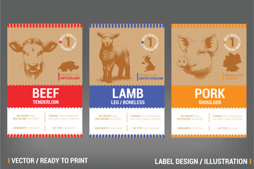 Comprehensive meat packaging label design set for beef, lamb, and pork, featuring detailed hand-drawn illustrations, distinct color accents, and informative labels. Perfect for farms, butchers, and su