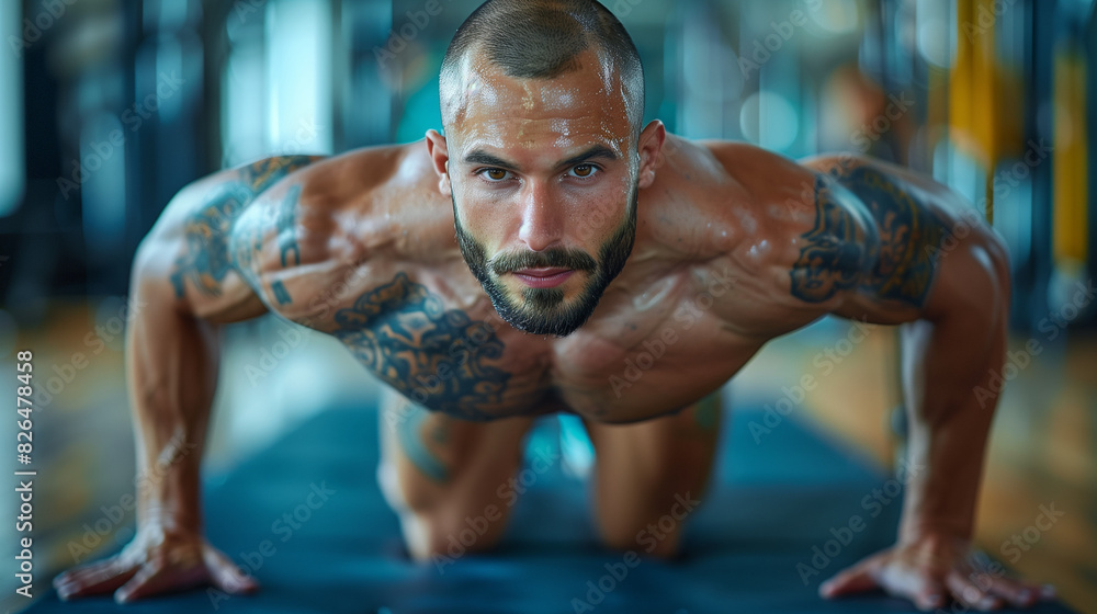 Poster man with exercise pose in gym
