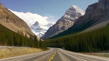 Naklejka premium A view of a road surrounded by mountains in the background and trees lining the sides