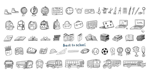 Big set of school icons. Back to school. School bus. Transport. Doodle style. Good for textile fabric design, wrapping paper, banner, posters, cards, stickers, professional design. Hand drawn