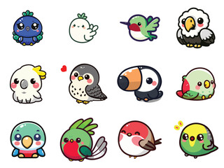 Cute Kawaii Style Illustration of 12 Exotic Birds in Vector Art