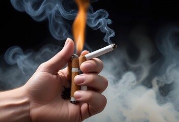A Close-up of a hand holding a cigarette., Cigarette smoke is spreading. Used for World No Tobacco Day.