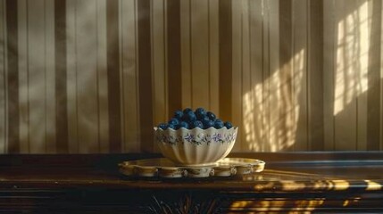   Blueberries in a bowl on a wooden table, adjacent to a vase holding more blueberries