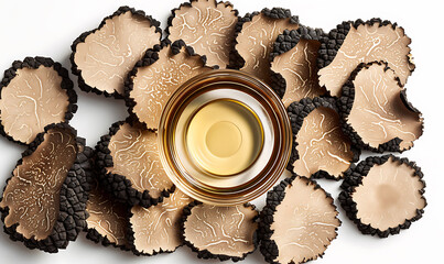 Detailed black truffle slices and golden truffle oil in a glass bowl, set against a white background, highlighting gourmet luxury