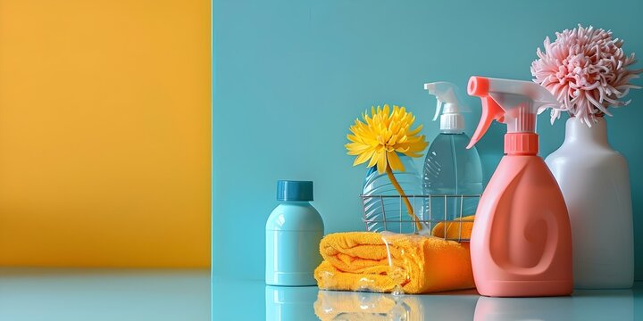 Cleaning supplies in use guaranteeing a pristine home environment with ease. Concept Household cleanliness, Effective cleaning tools, Efficient cleaning techniques, Spotless home environment