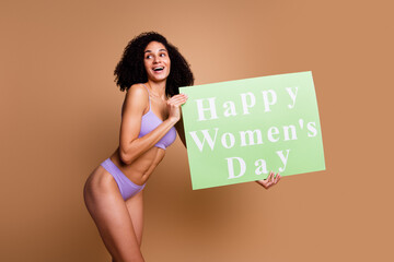 No filter portrait of stunning model girl happy women day placard look empty space isolated on...