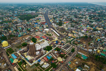 Aerial view of downtown Puri with Jagannatha Temple, Odisha, India.