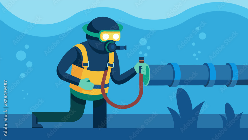 Poster wearing protective gear a diver performs a visual inspection of the underwater oil pipeline ensuring