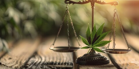 Cannabis leaf on scales symbolizing justice and marijuana legalization concept. Concept Cannabis Legalization, Justice System, Marijuana Symbolism - Powered by Adobe