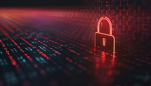 Digital padlock symbolizing cyber security and data protection with binary code background.