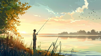 a man fishing in the lake 