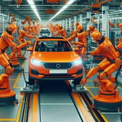 Image of an automated assembly line. High-precision orange industrial robots work to assemble state-of-the-art electric vehicles in a modern manufacturing plant.