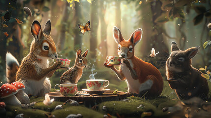 Several foxes and rabbits in a lush sunlit forest with green plants and red mushrooms.