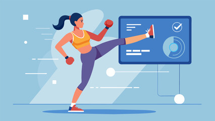 A woman in workout clothes standing in front of a virtual training screen throwing punches and kicks with precision and speed.. Vector illustration